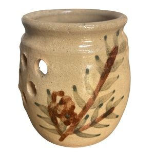 Glazed Ceramic Votive Holder- Pine Sprig & Cone Light Tan Signed by Artist